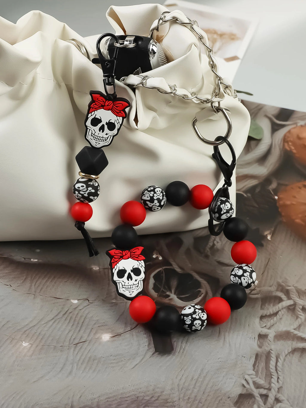 Skull Charm Beaded Keychain Bracelet Set for Gothic Alternative Styling