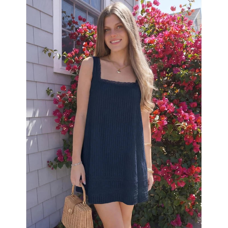 Navy Blue Square Neck Sleeveless Mini Dress with Relaxed Shift Silhouette