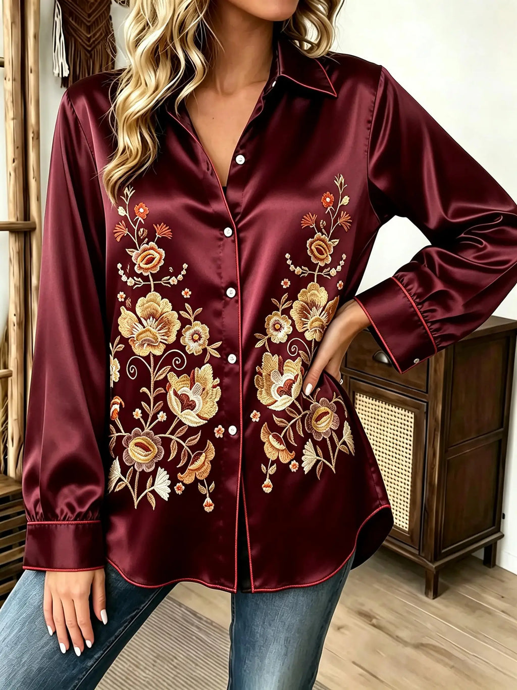 Vintage-Inspired Satin-Finish Floral Blouse with Contrast Red Piping and Button-Down Front