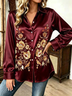 Vintage-Inspired Satin-Finish Floral Blouse with Contrast Red Piping and Button-Down Front
