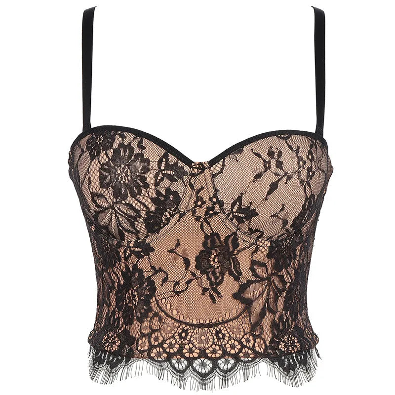 Floral Lace Bustier Top with Embroidered Detailing and Structured Cups