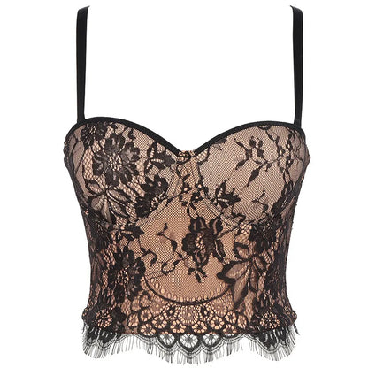 Floral Lace Bustier Top with Embroidered Detailing and Structured Cups
