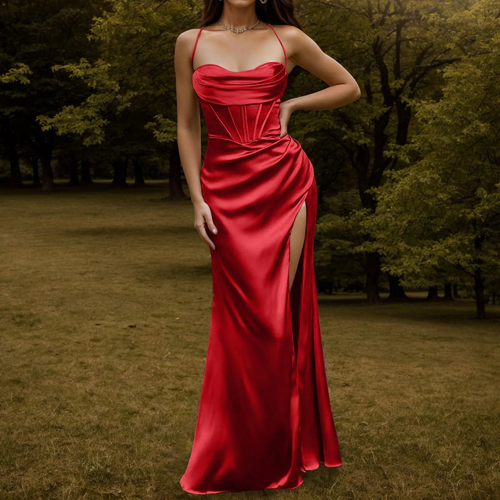 Satin Finish Corset Inspired Maxi Dress with Sculpted Silhouette