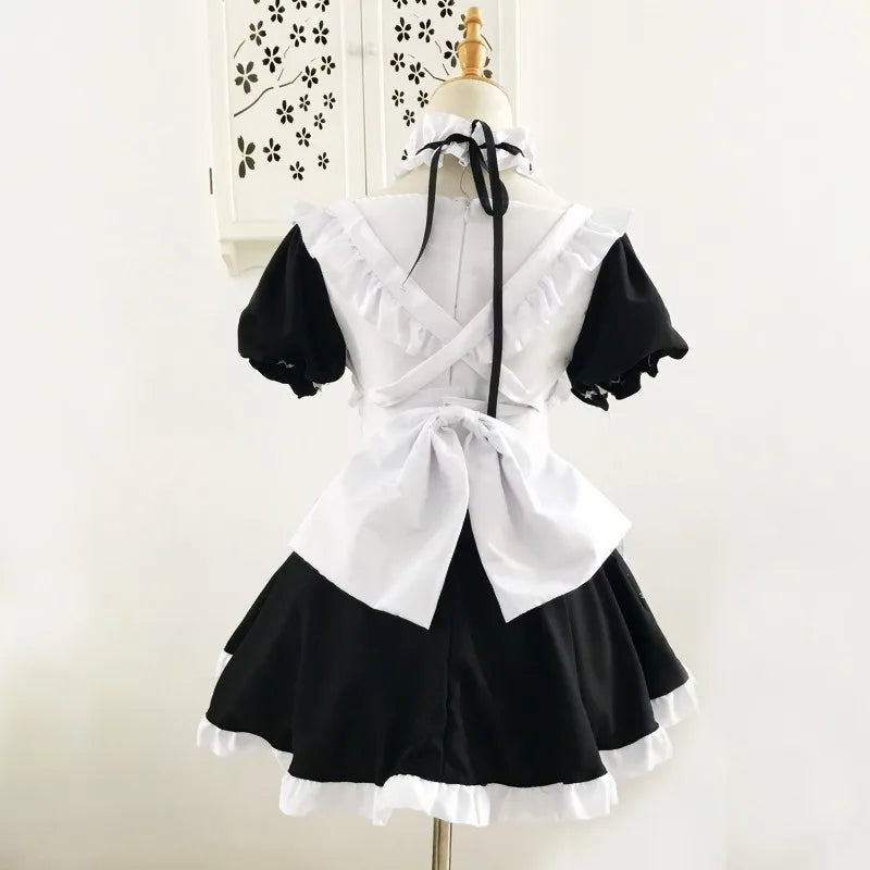 Classic Black and White Lolita Maid Dress with Ruffled Apron and Puff Sleeves