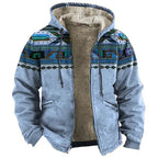 Men's Hooded Sherpa Lined Geometric Pattern Zip Jacket for Relaxed Outdoor Streetwear Style