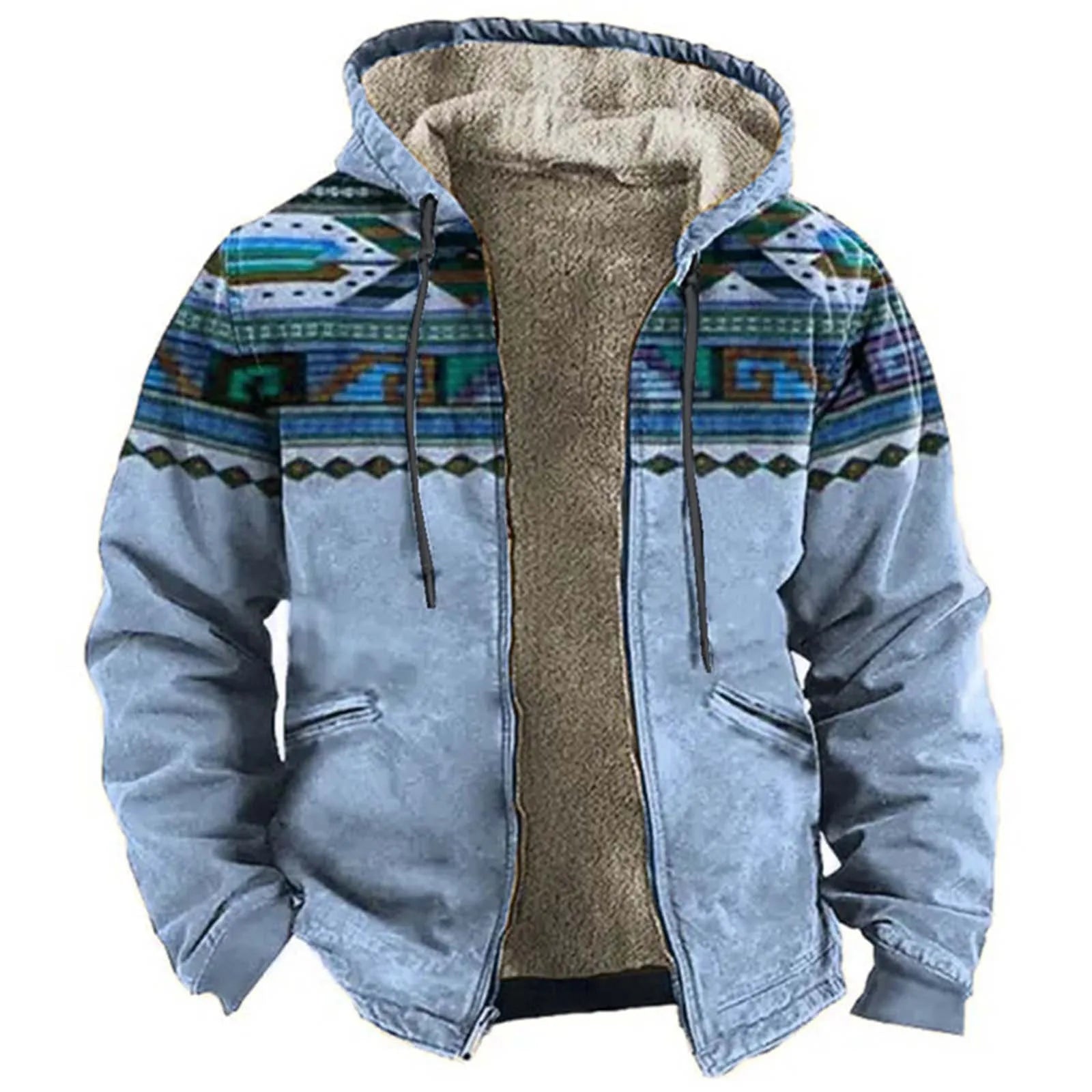 Men's Hooded Sherpa Lined Geometric Pattern Zip Jacket for Relaxed Outdoor Streetwear Style