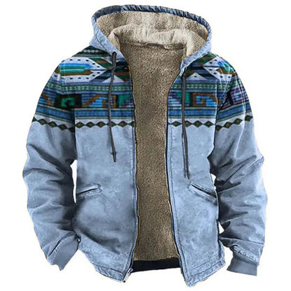 Men's Hooded Sherpa Lined Geometric Pattern Zip Jacket for Relaxed Outdoor Streetwear Style