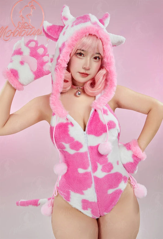 Women's Hooded Plush Romper with Animal Print Pattern, Paw Gloves and Matching Accessories