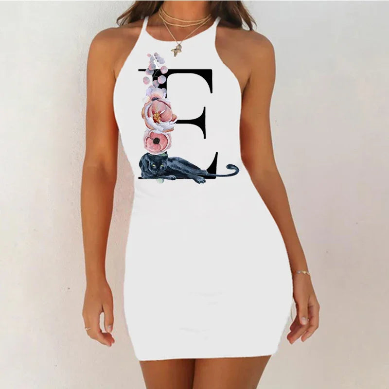 White Sleeveless Mini Nightgown with Bold Black Letter and Graphic Print, Slim Silhouette and Above-Knee Length