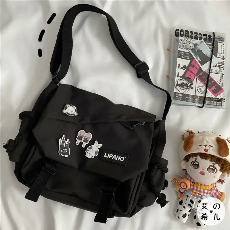 Large Capacity Nylon Crossbody Messenger Bag with Utility Pocket Streetwear Design