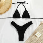 Bright Orange Halter Triangle Bikini with Ruched Bottom Detailing