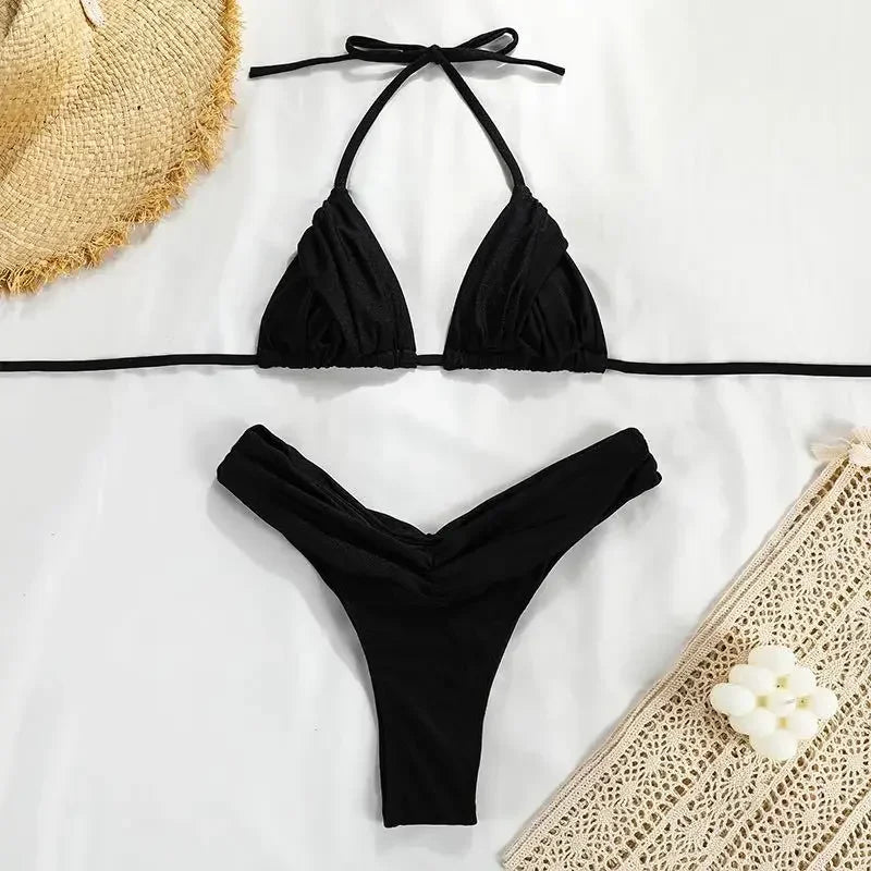 Bright Orange Halter Triangle Bikini with Ruched Bottom Detailing