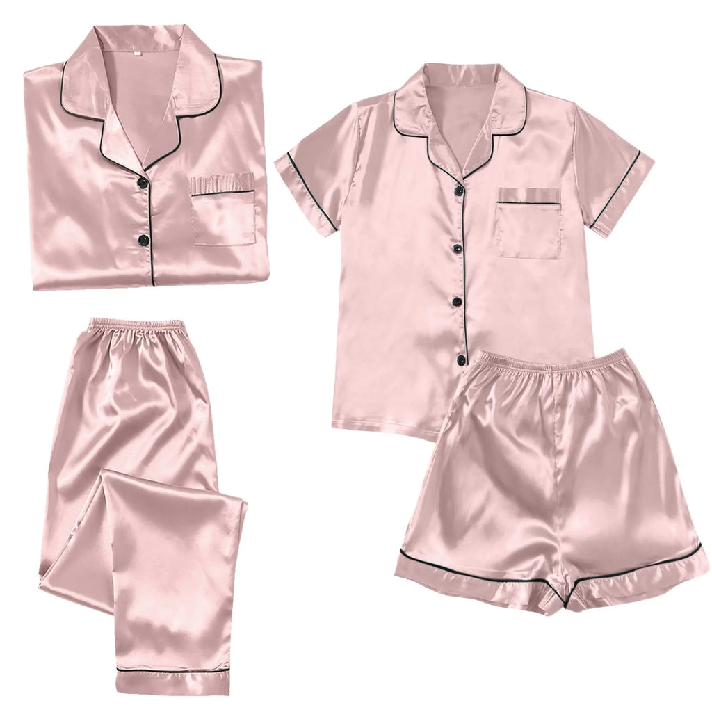 Women's 4-Piece Satin-Look Pajama Set, Short- and Long-Sleeve Tops with Matching Pants and Shorts, Soft Coordinated Loungewear