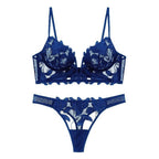 Midnight Black Sheer Floral Embroidered Unlined Bra and Thong Set