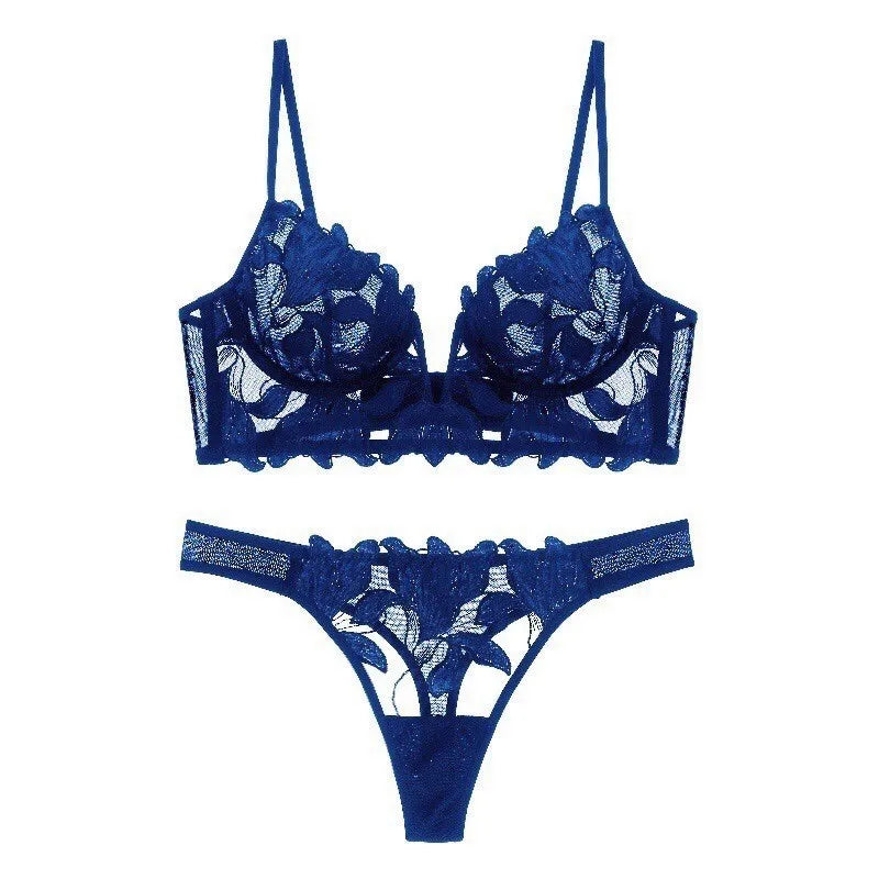 Midnight Black Sheer Floral Embroidered Unlined Bra and Thong Set
