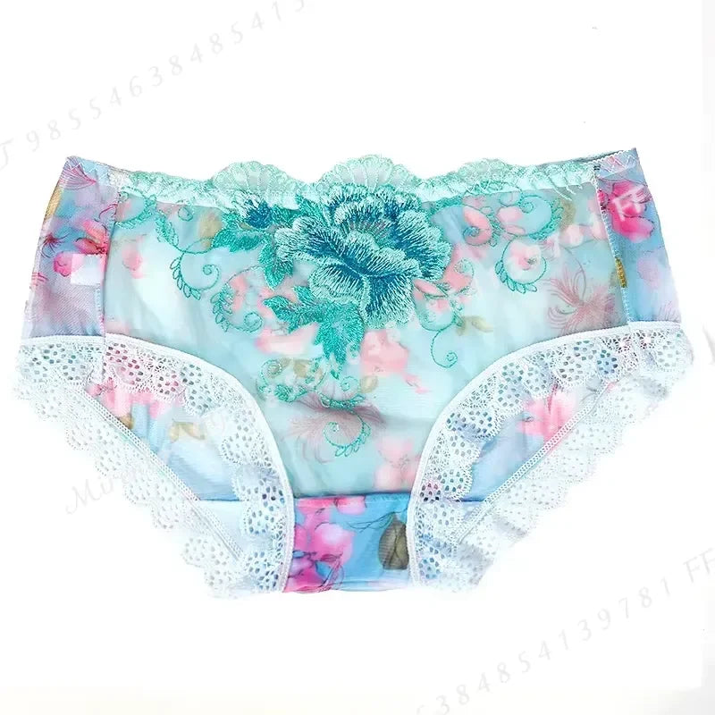 Women’s Floral Embroidered Lace Briefs with Sheer Panels, Low-Rise Silhouette and Delicate Feminine Detailing