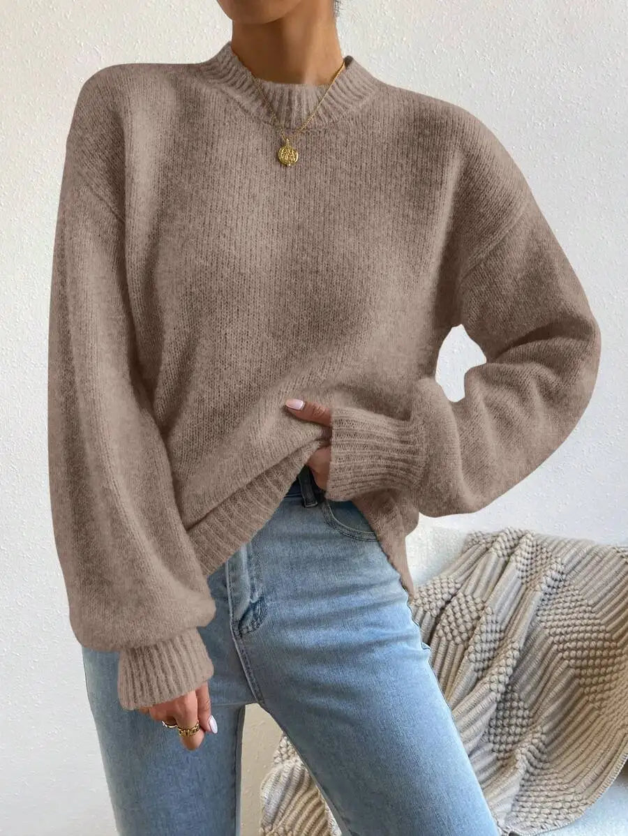 Women's Mock Neck Drop Shoulder Knit Sweater with Relaxed Oversized Silhouette