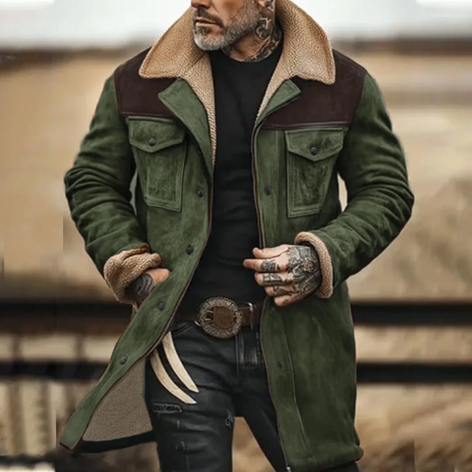 Men's Vintage Faux Suede Utility Jacket with Sherpa Collar and Multi Pocket Design