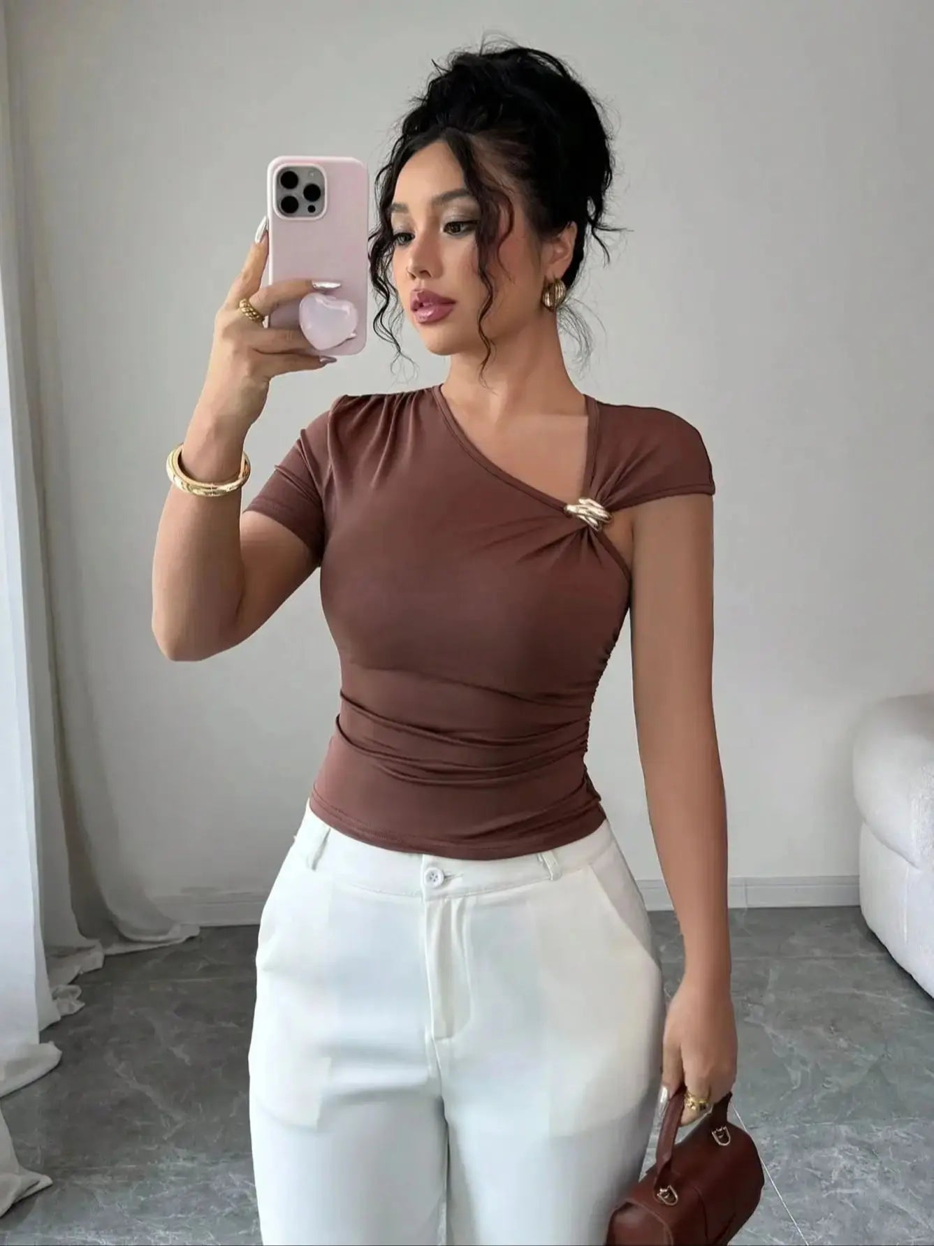 Asymmetrical One-Shoulder Crop Top with Slim Fit Minimalist Streetwear Summer Style