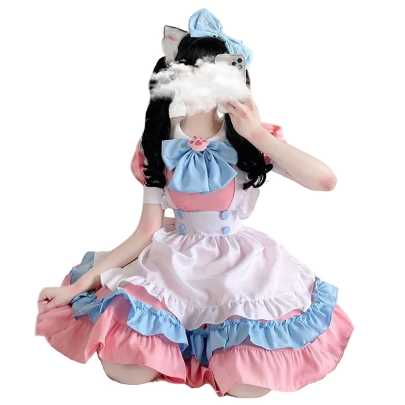 Women's Ruffle Maid-Inspired Dress with Layered Skirt, Apron and Matching Headpiece