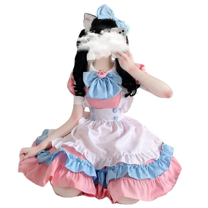 Women's Ruffle Maid-Inspired Dress with Layered Skirt, Apron and Matching Headpiece