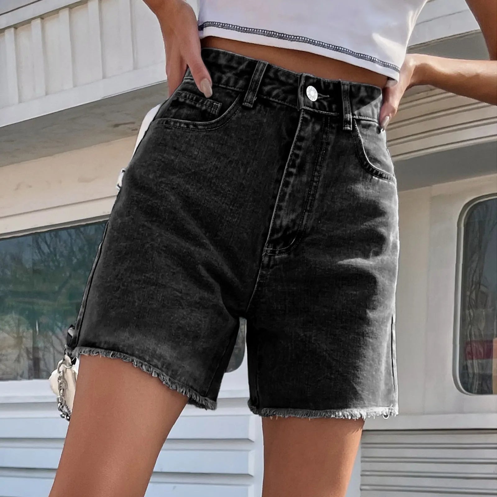 Women's High Waist Bermuda Denim Style Shorts with Relaxed Fit Casual Streetwear Design