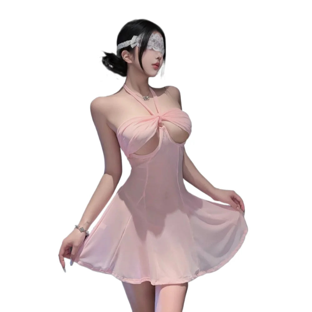Pastel Pink Halter-Neck Flared Mini Dress with Daring Cutout Bodice