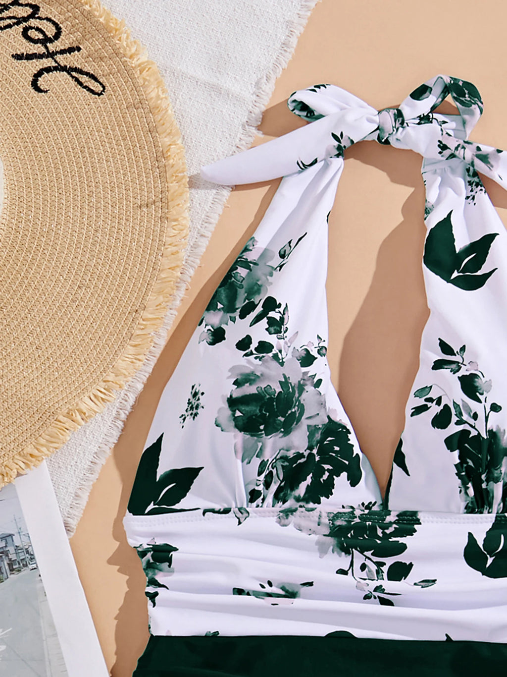 Floral Halter Plunge One-Piece Swimsuit with Ruched High-Waist Detail