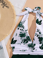 Floral Halter Plunge One-Piece Swimsuit with Ruched High-Waist Detail