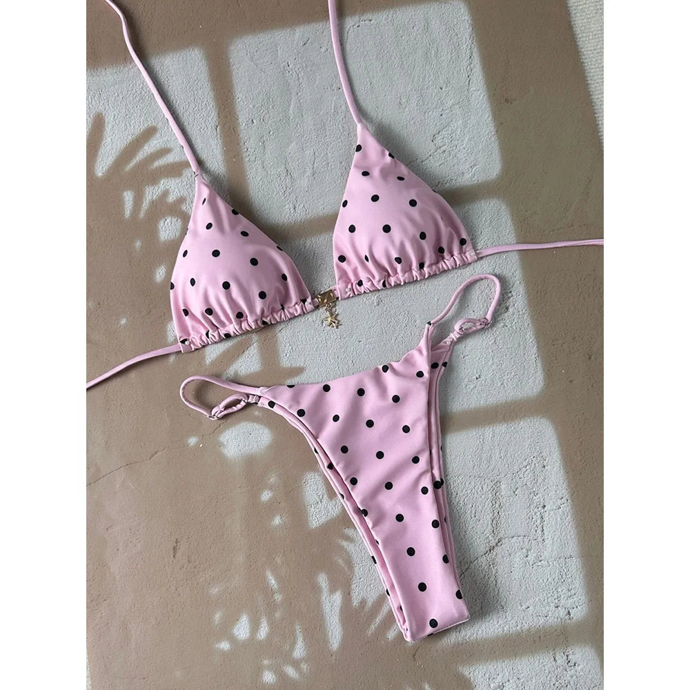 Retro Polka Dot Triangle String Bikini with Contrast Pink Straps