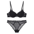 Classic Black Polka Dot Mesh Underwire Bra and Scalloped Panty Set