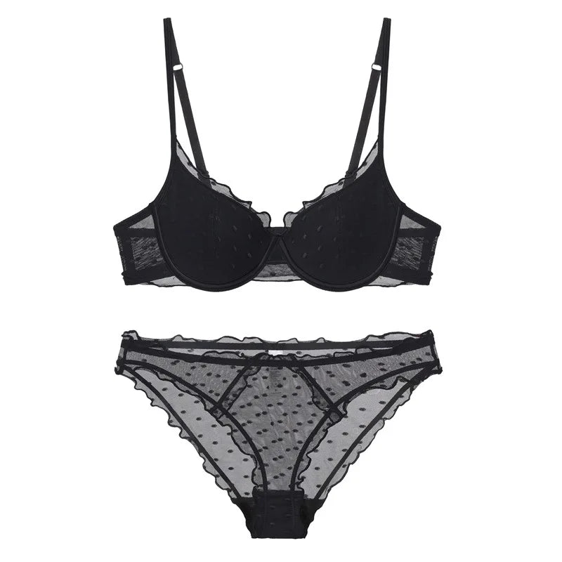 Classic Black Polka Dot Mesh Underwire Bra and Scalloped Panty Set