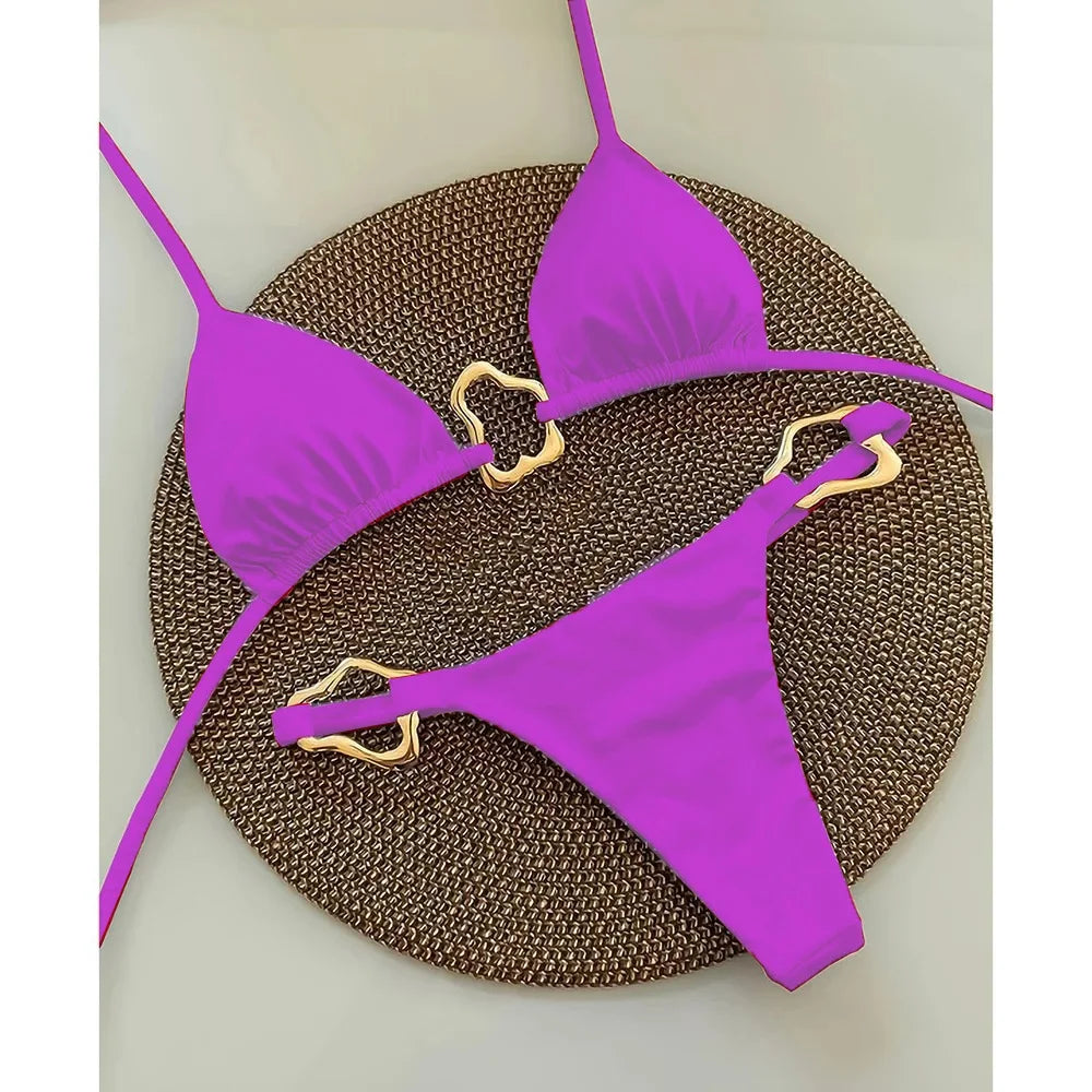 Rich Teal Triangle Bikini with Delicate Metallic Ring Details