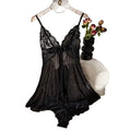 Women's Dark Green Halter Nightgown with Delicate Lace Detail, Sheer Satin-Look Mini Sleep Dress and Matching Thong Set