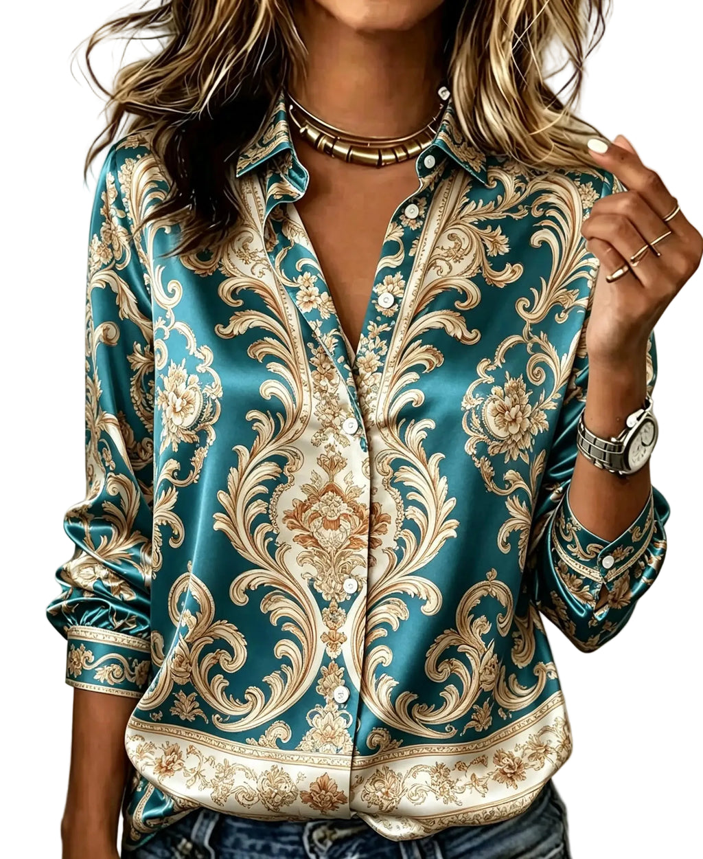 Teal Baroque Print Satin-Finish Blouse with Classic Button-Front Styling