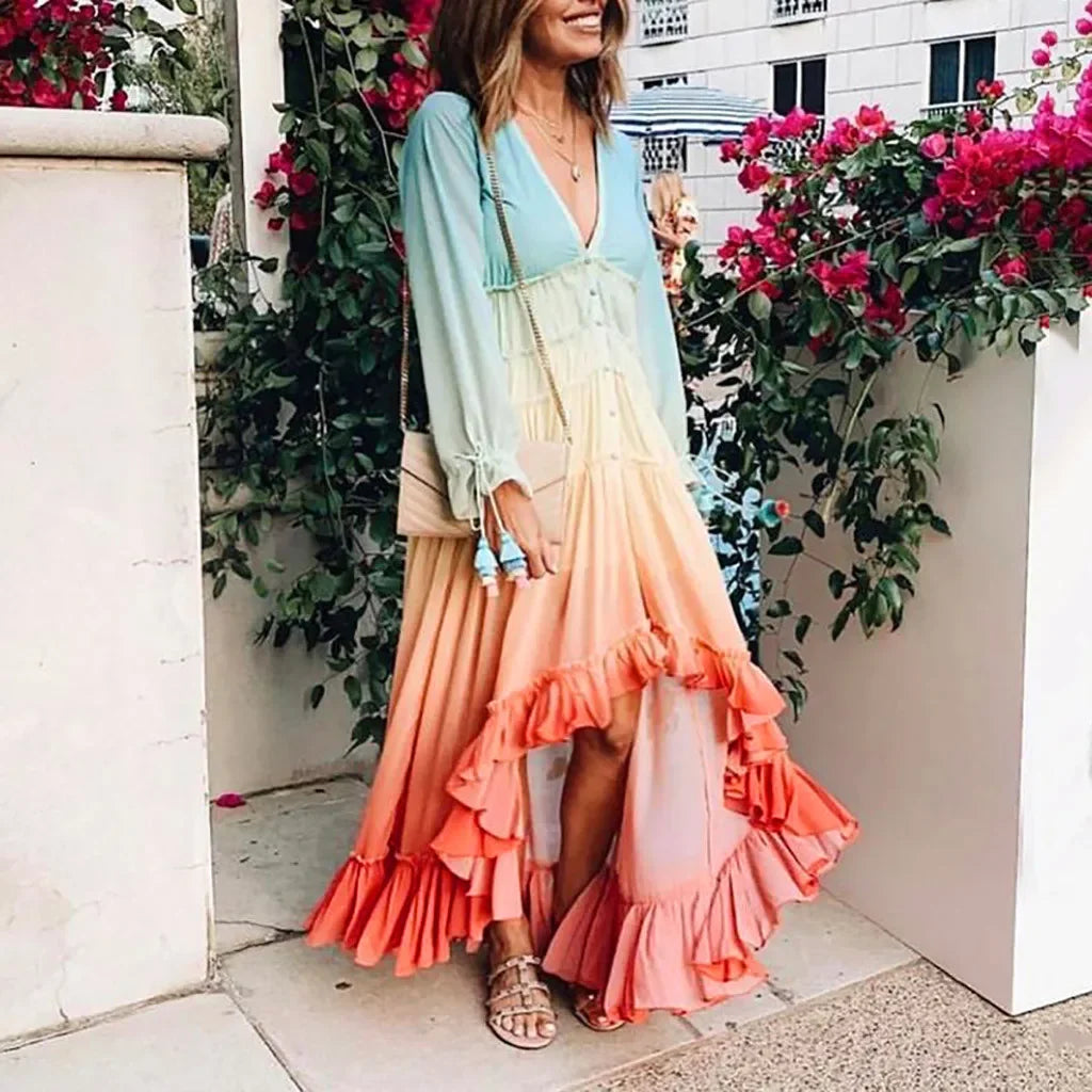 Gradient Bohemian Maxi Dress with V Neck and Tassel Sleeve Details