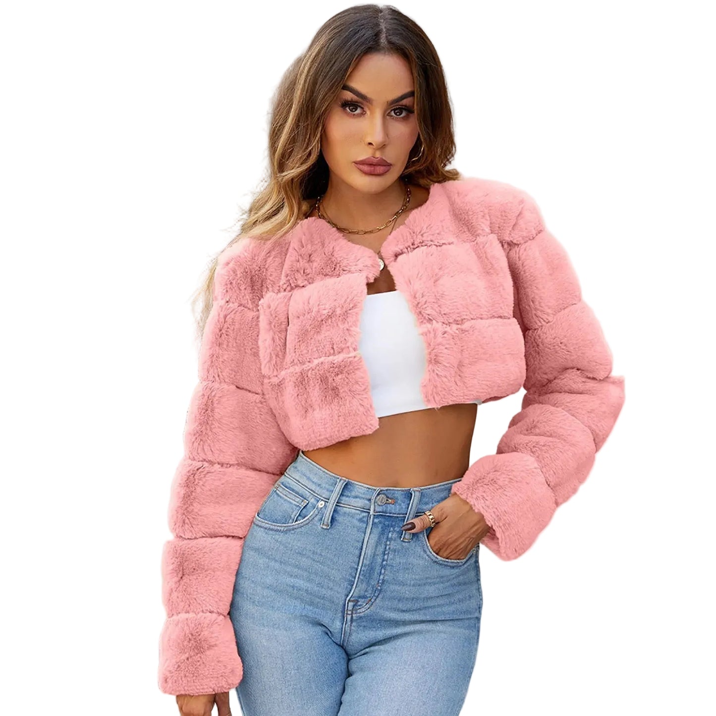 Cropped Plush Faux Fur Zip Front Streetwear Jacket for Layered Styling