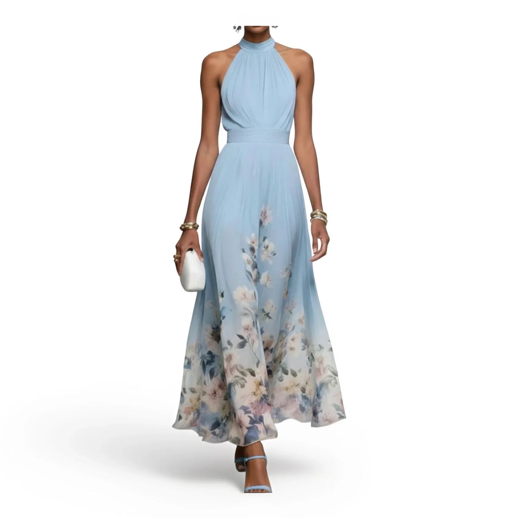 Ethereal Light Blue Halter Maxi Dress with Flowing Floral Print Hem