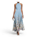 Ethereal Light Blue Halter Maxi Dress with Flowing Floral Print Hem