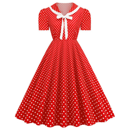 Retro Polka Dot Bow Detail Alternative Swing Dress