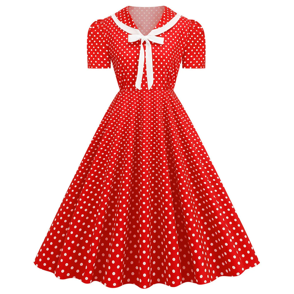 Retro Red and White Polka Dot Swing Dress with Bow Collar