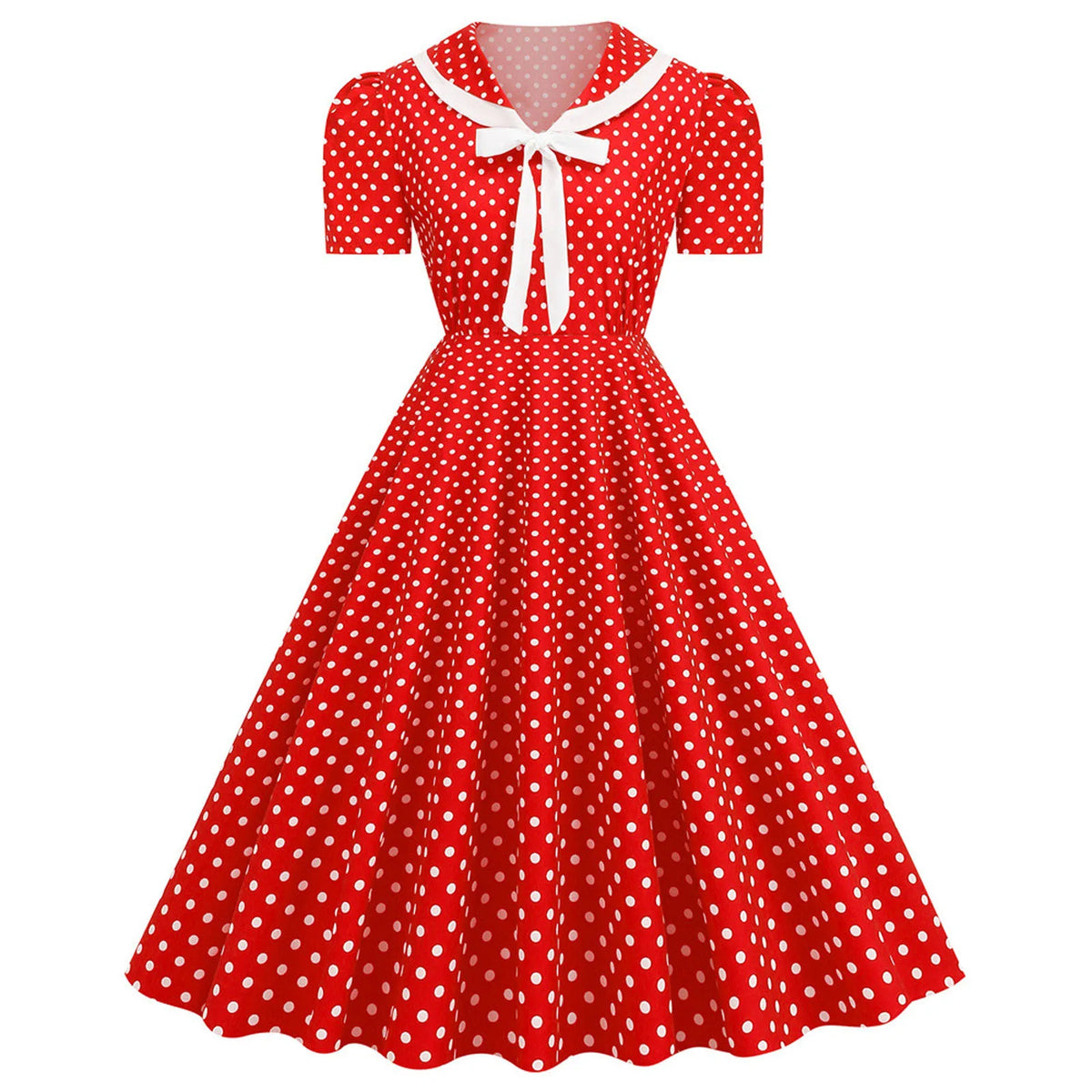 Retro Red and White Polka Dot Swing Dress with Bow Collar