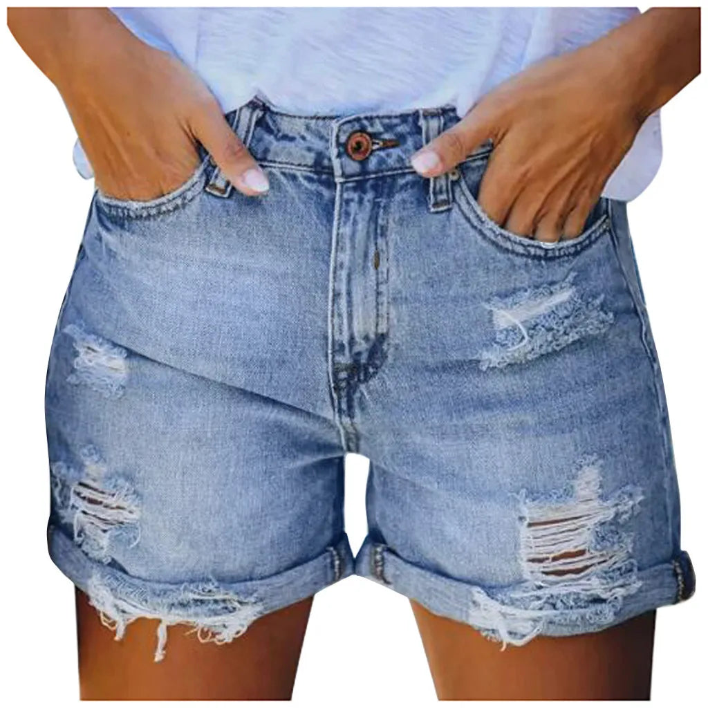 Women's Distressed Denim Style Shorts with Frayed Hem and Relaxed Casual Summer Fit