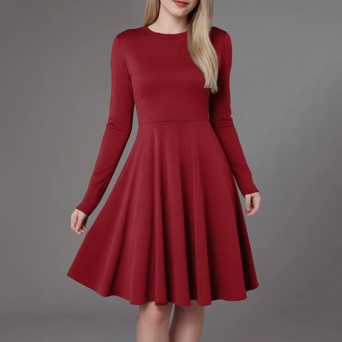 Elegant Solid Color Long-Sleeve A-Line Dress with High Waistline