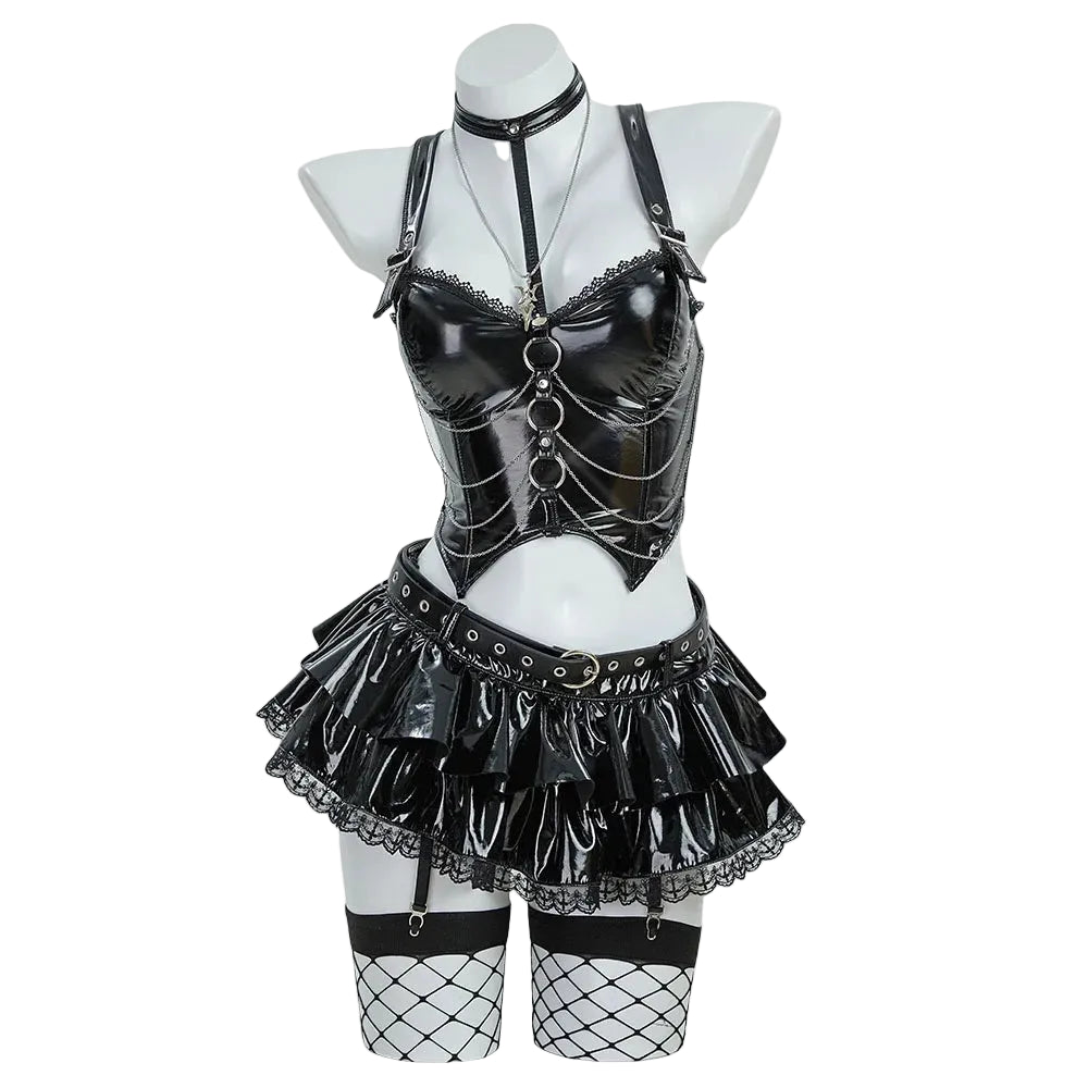 Women's High Gloss Structural Corset Top And Tiered Ruffle Mini Skirt Coordinate Set
