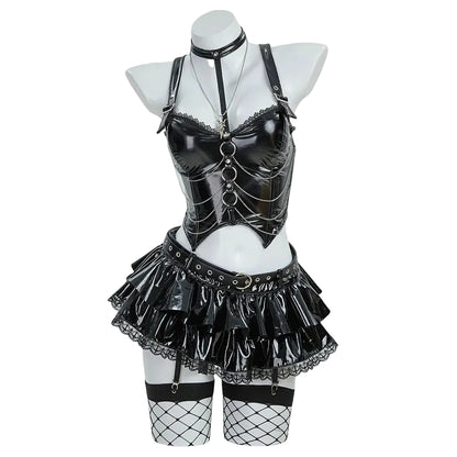 Women's High Gloss Structural Corset Top And Tiered Ruffle Mini Skirt Coordinate Set