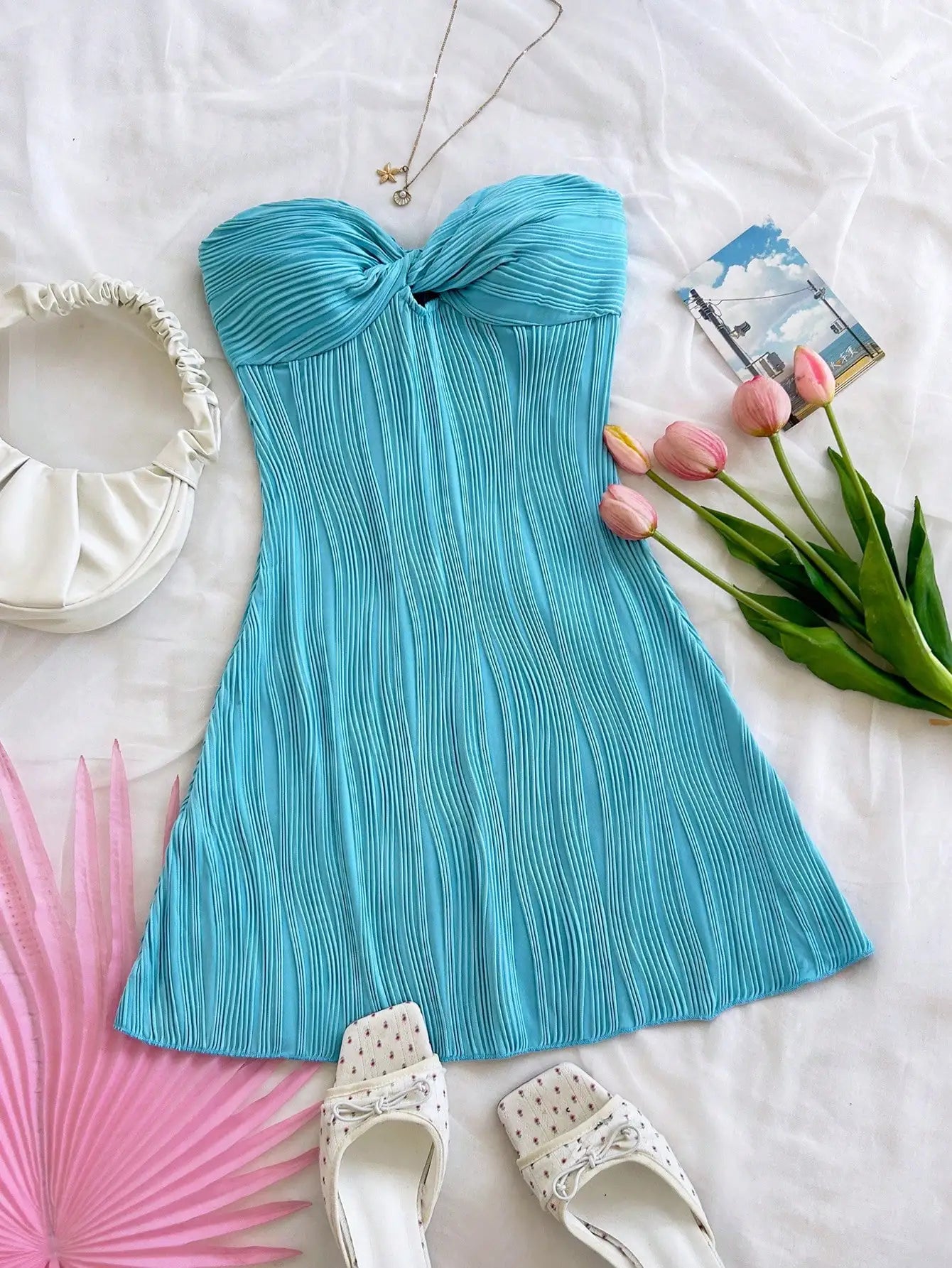 Strapless Pleated Mini Dress with Twist Front Detail A-Line Silhouette