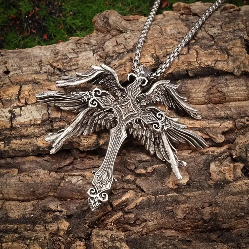 Vintage Gothic Angel Wing Cross Pendant Necklace for Alternative Statement Styling