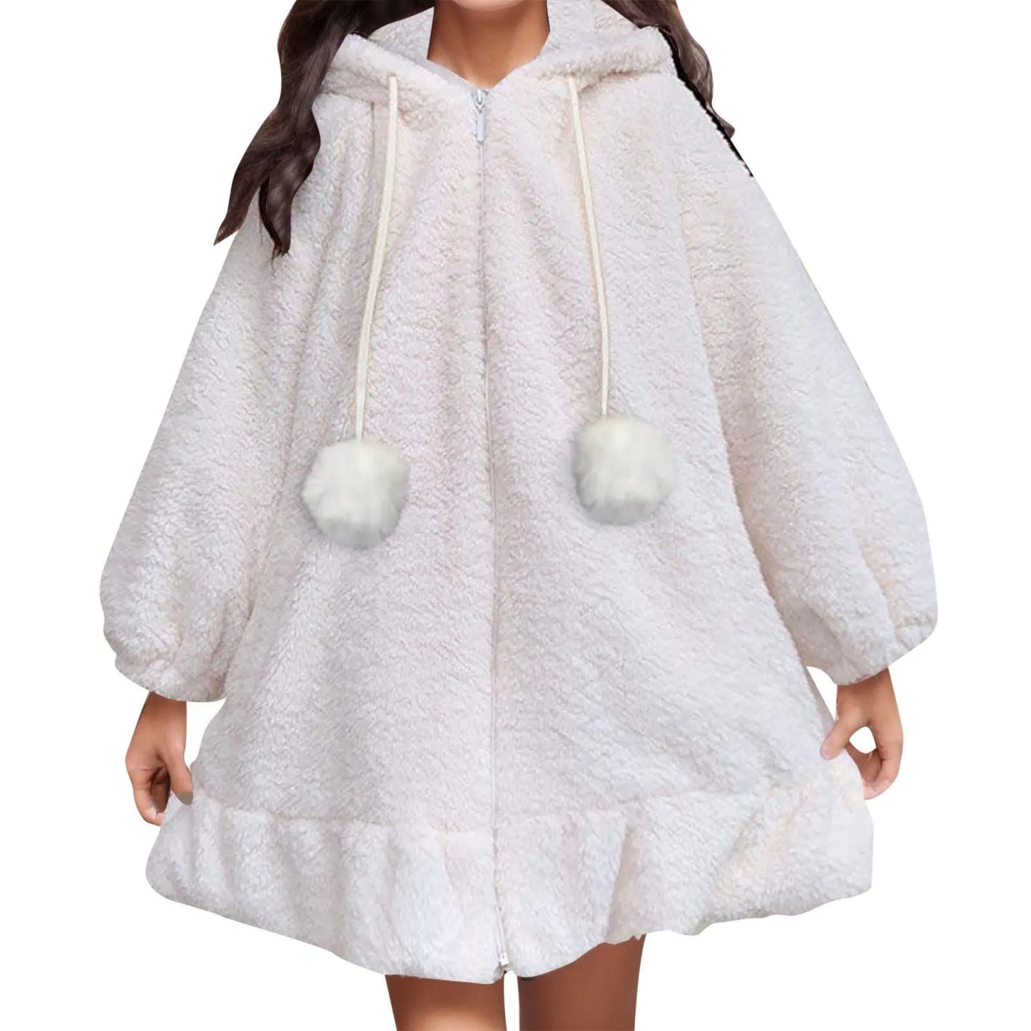 Women's Oversized Plush Zip Hoodie with Decorative Pom Details for Cozy Casual Style