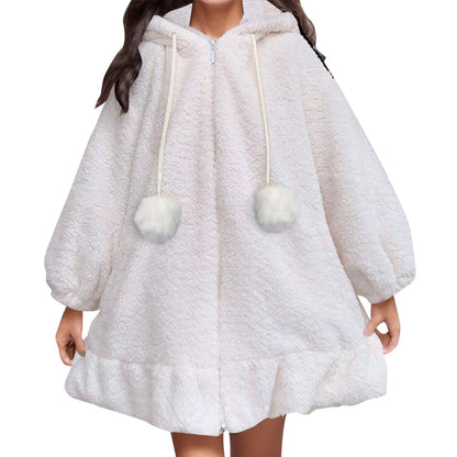 Women's Oversized Plush Zip Hoodie with Decorative Pom Details for Cozy Casual Style